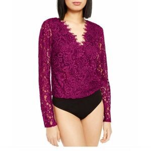 - NWT Leyden lace sheer sleeve magenta bodysuit with fringe trim